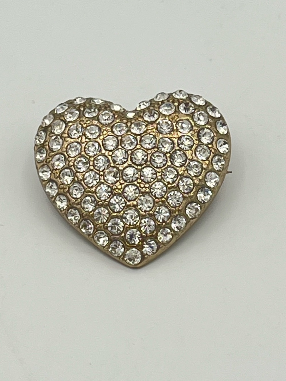 Vintage Gold Tone Pavé Rhinestone Heart Brooch Pin Clear Crystal